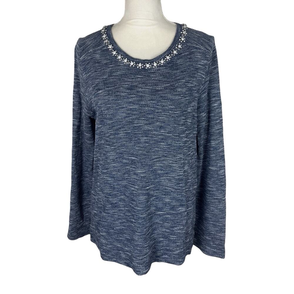 J. Crew Marled Blue Jeweled Rhinestone Neck Knit Pullover Sweater Size Large - Picture 2 of 8